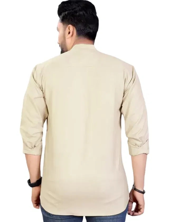 Men's Slim Fit Full Sleeve Cotton Short Kurta — Beige
