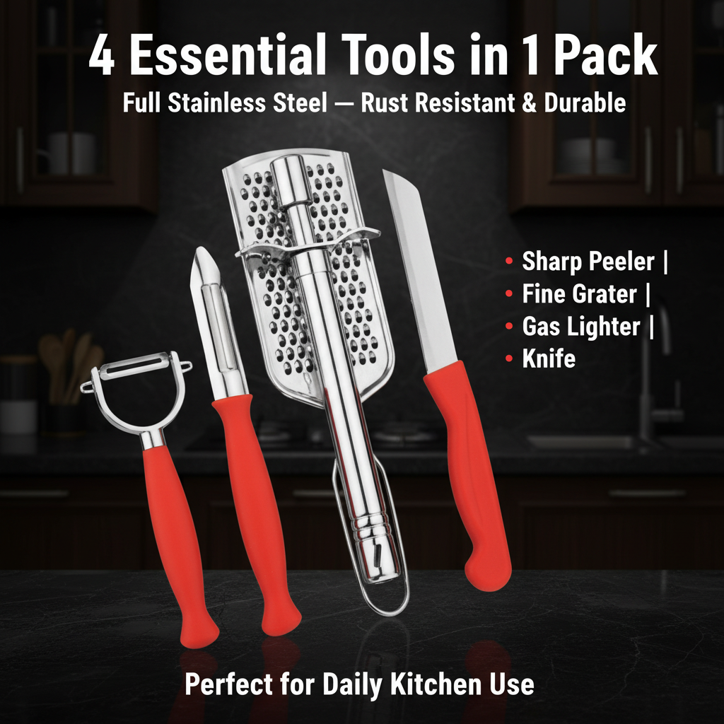 4 in 1 Combo Kitchen Set — Stainless Steel Peeler, Cheese Grater, Gas Lighter & Knife