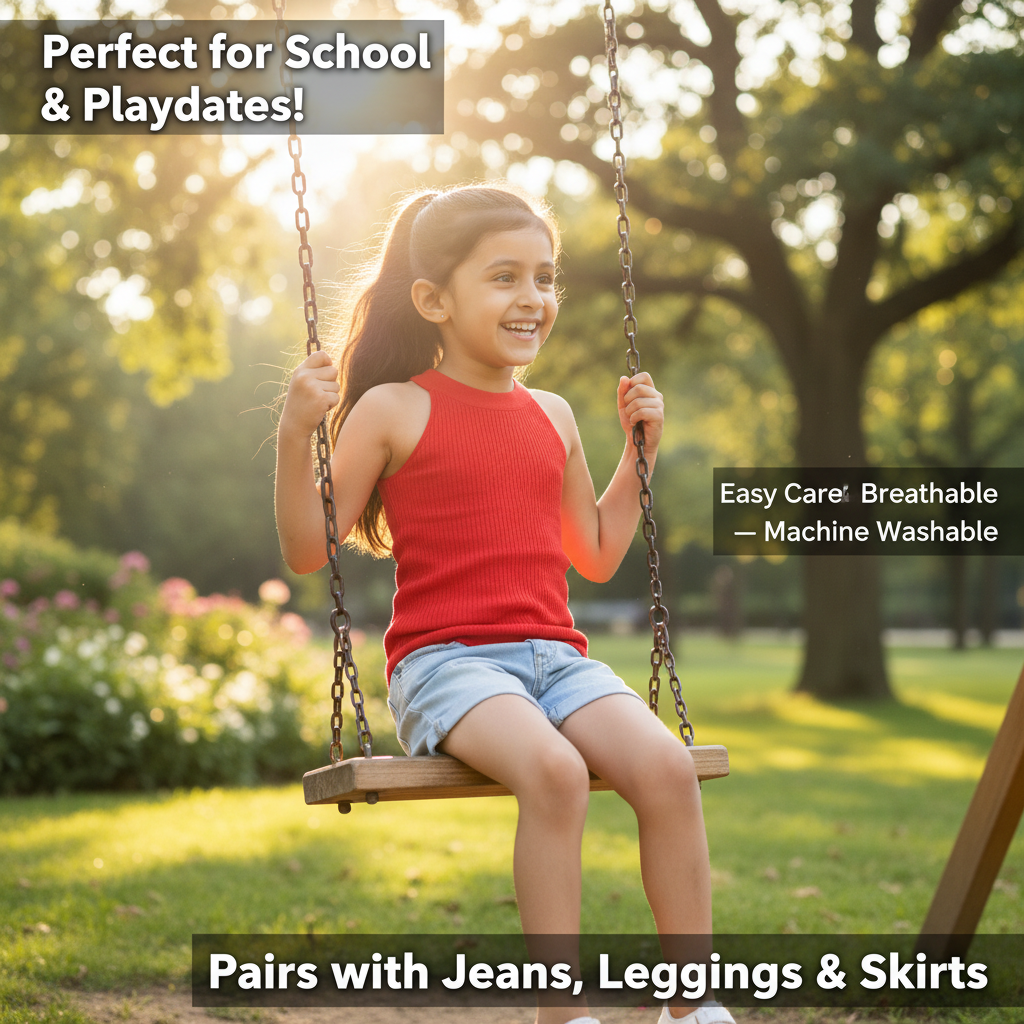 Cotton Blend Solid Top for Girls — Red Casual Wear (1-10 Years)