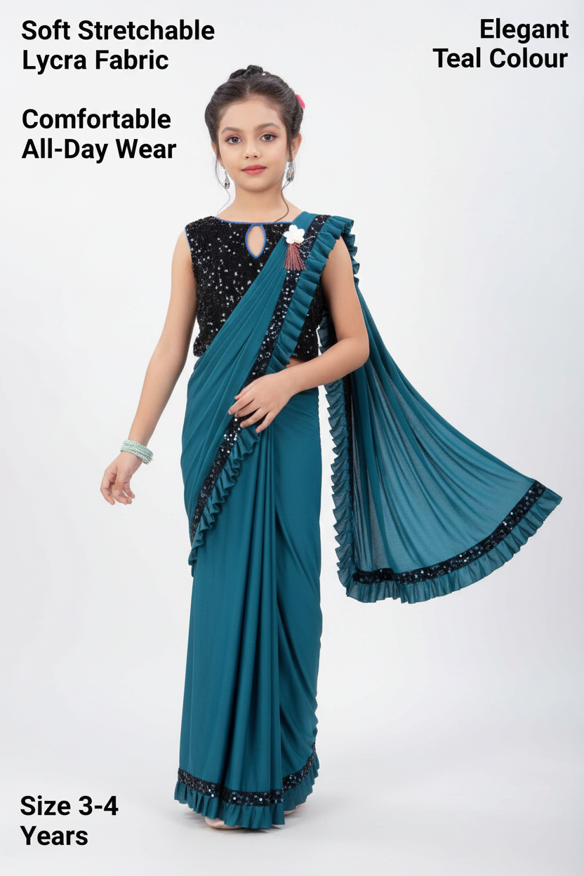 Lycra Solid Saree for Girls — Teal Ethnic Wear (3-4 Years)