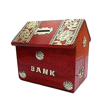 Wooden Money Bank for Kids — Red Coin Saving Gullak with Lock (Made in India)