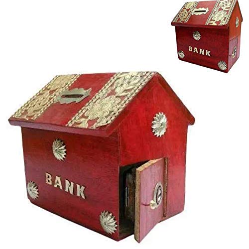 Wooden Money Bank for Kids — Red Coin Saving Gullak with Lock (Made in India)