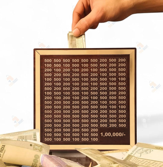 Savings Challenge Wooden Piggy Bank — Money Saving Box for Kids & Adults (Brown)