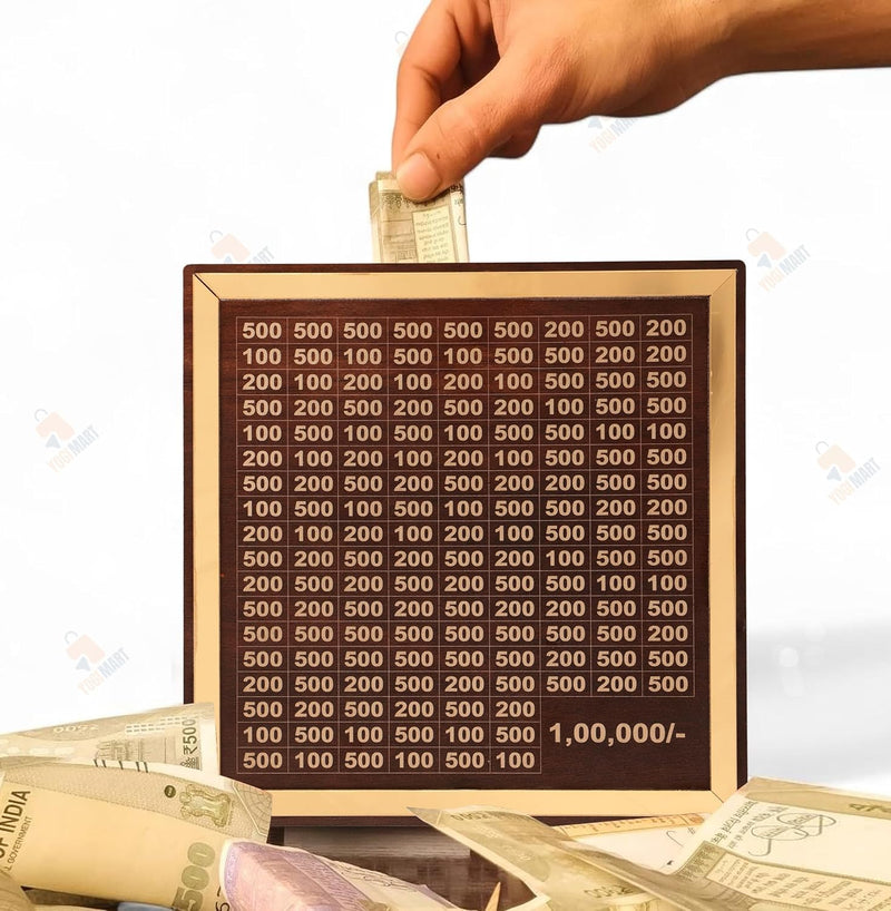 Savings Challenge Wooden Piggy Bank — Money Saving Box for Kids & Adults (Brown)