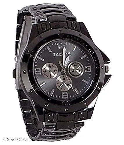 Bold Black Chronograph-Style Men's Analog Watch — Heavy-Duty Stainless Steel with Multi-Dial Design