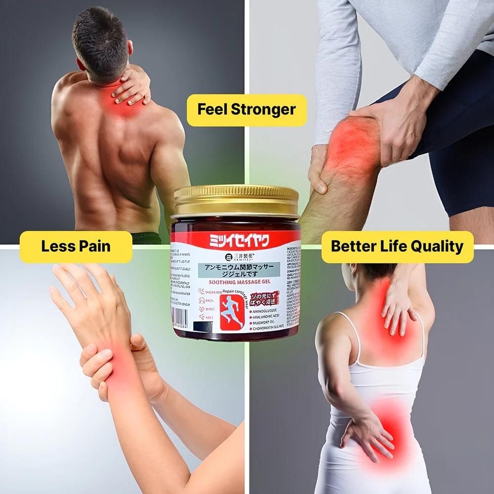 Instant Pain Relief Soothing Massage Gel pack of 2 with white and blue tubes, shown being applied to different body areas