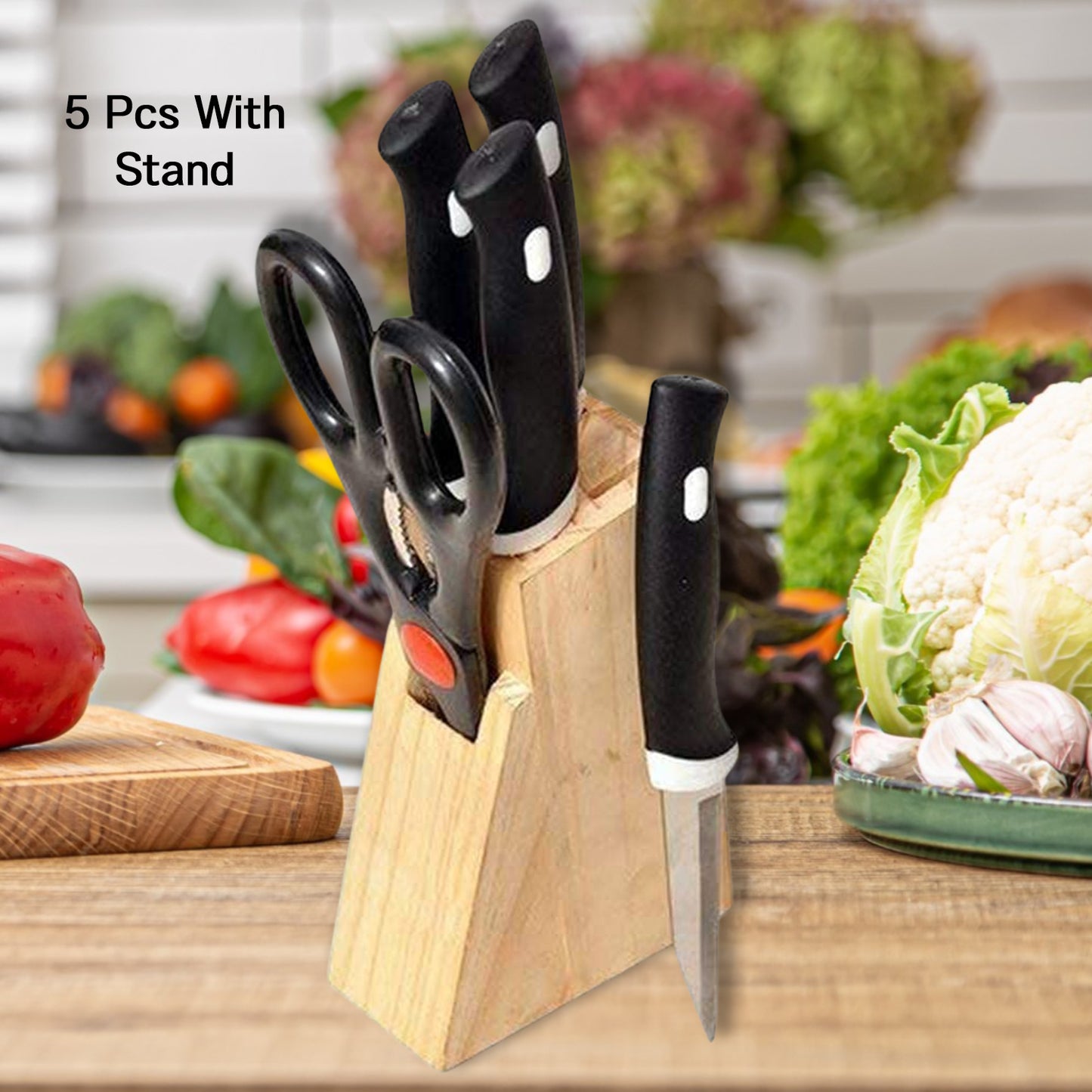 Kitchen Knife Set With Wooden Block And Scissors (5 Pcs Black)