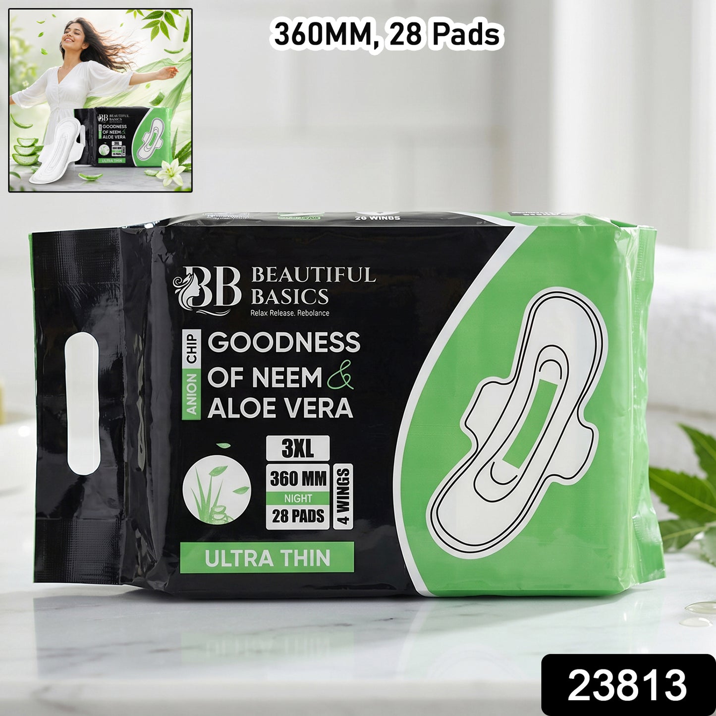 Beautiful Basics Neem  Aloe Vera Sanitary Pads 3xl 360mm Night (28 Pads)