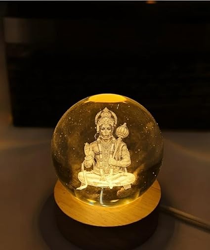 Lord Hanuman 3D Laser Engraved Crystal Ball LED Night Light with Wooden Base