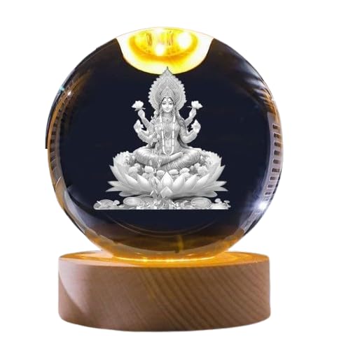 3D Laxmi Ji Crystal Ball Night Lamp with LED Wooden Base