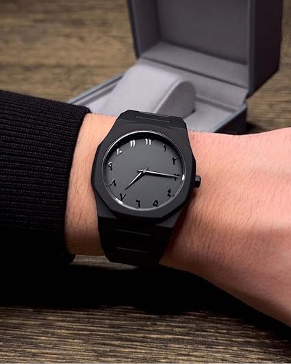Matte Black Analog Wristwatch with Eastern Arabic Dial