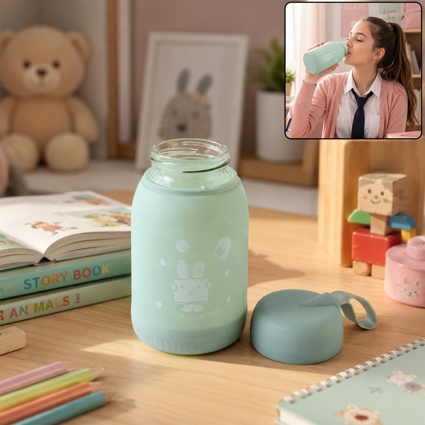 Glass Water Bottle 380ml With Lid (1 Pc)