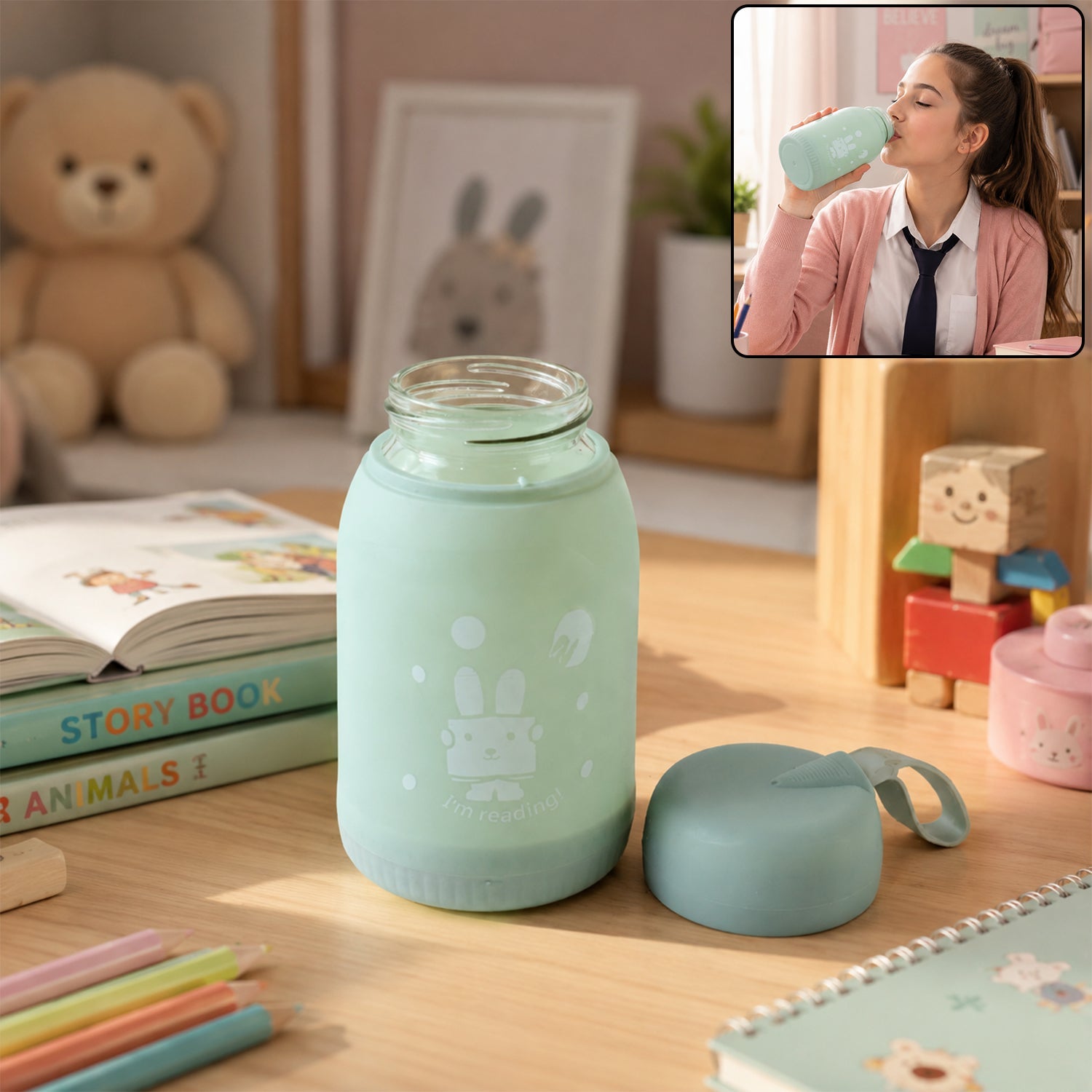 Glass Water Bottle 380ml With Lid (1 Pc)