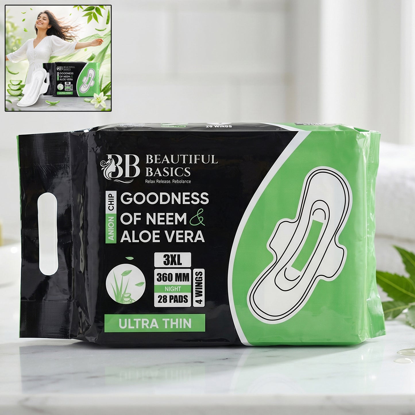 Beautiful Basics Neem  Aloe Vera Sanitary Pads 3xl 360mm Night (28 Pads)