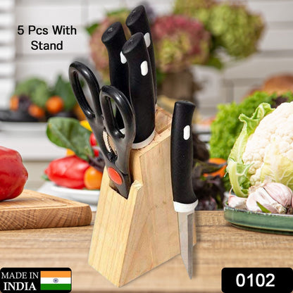 Kitchen Knife Set With Wooden Block And Scissors (5 Pcs Black)