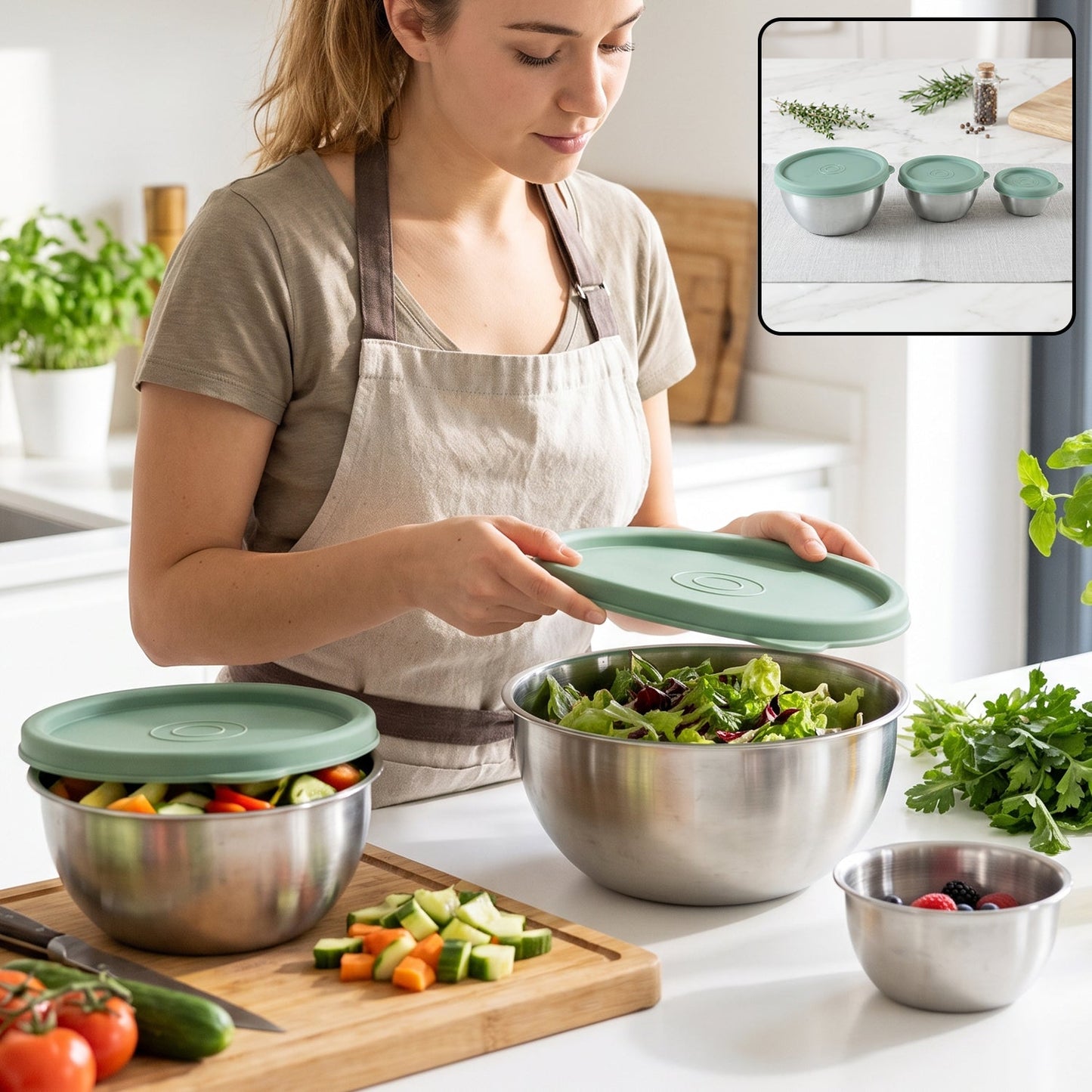 Apex Miny Steel Container Set Mixing Bowls With Lids For Kitchen (3 Pc Set)