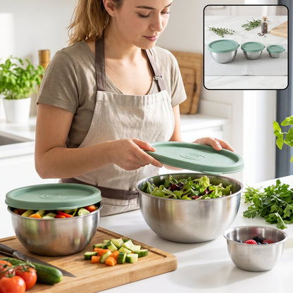 Apex Miny Steel Container Set Mixing Bowls With Lids For Kitchen (3 Pc Set)