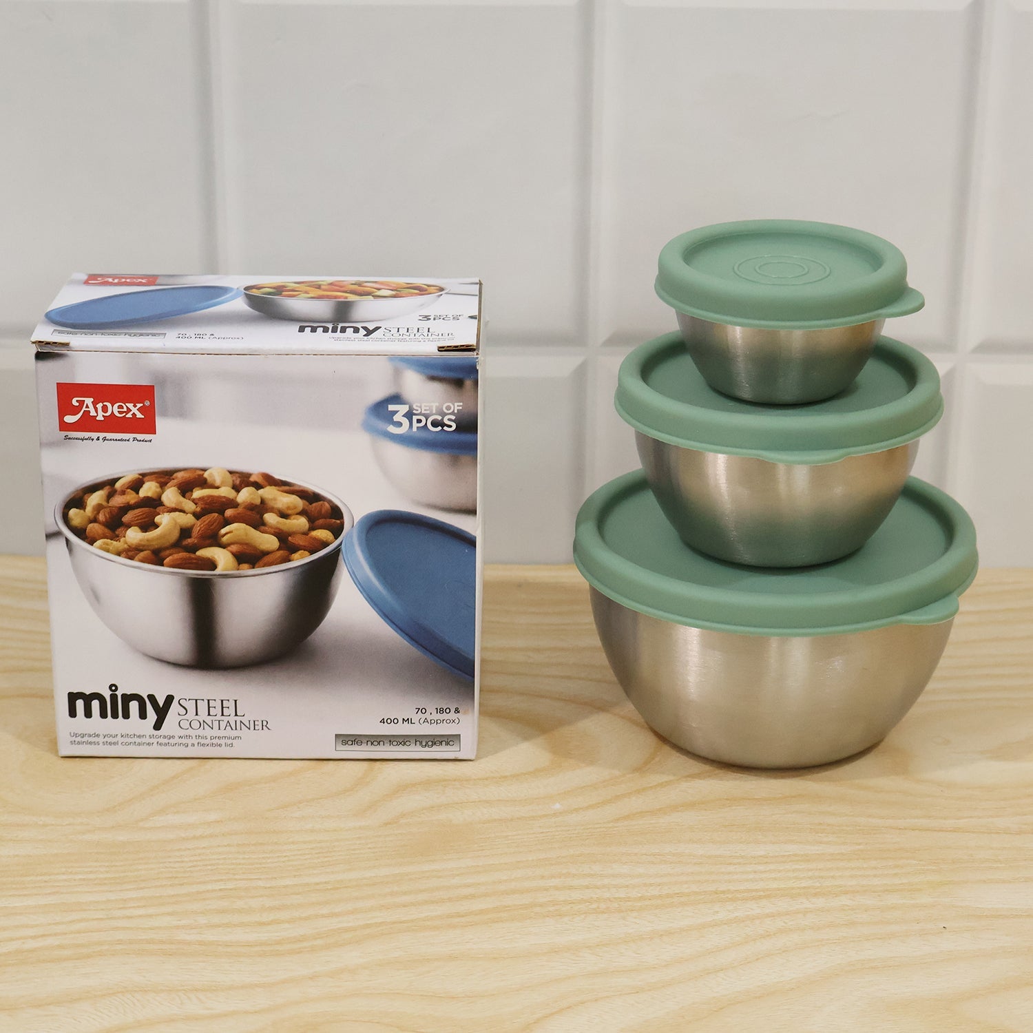 Apex Miny Steel Container Set Mixing Bowls With Lids For Kitchen (3 Pc Set)