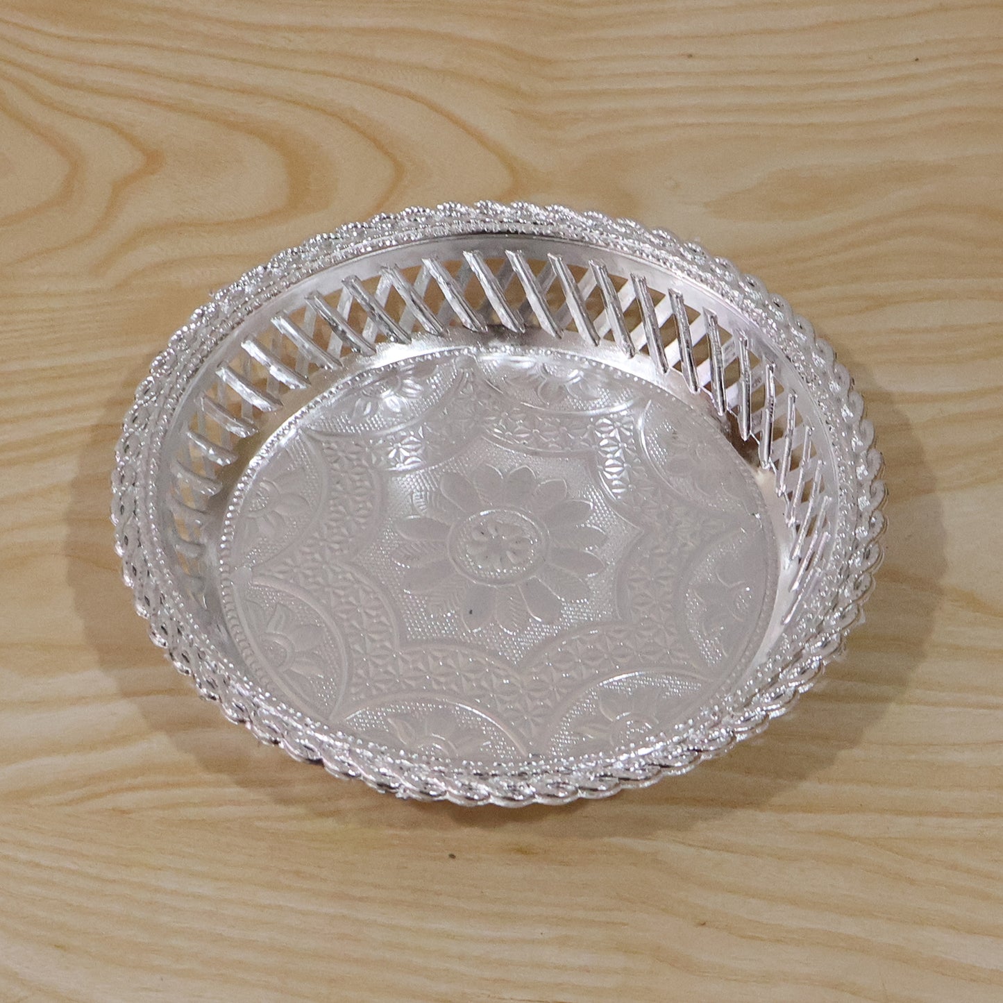 Decorative Silver Serving Tray  Elegant Round Floral Design
