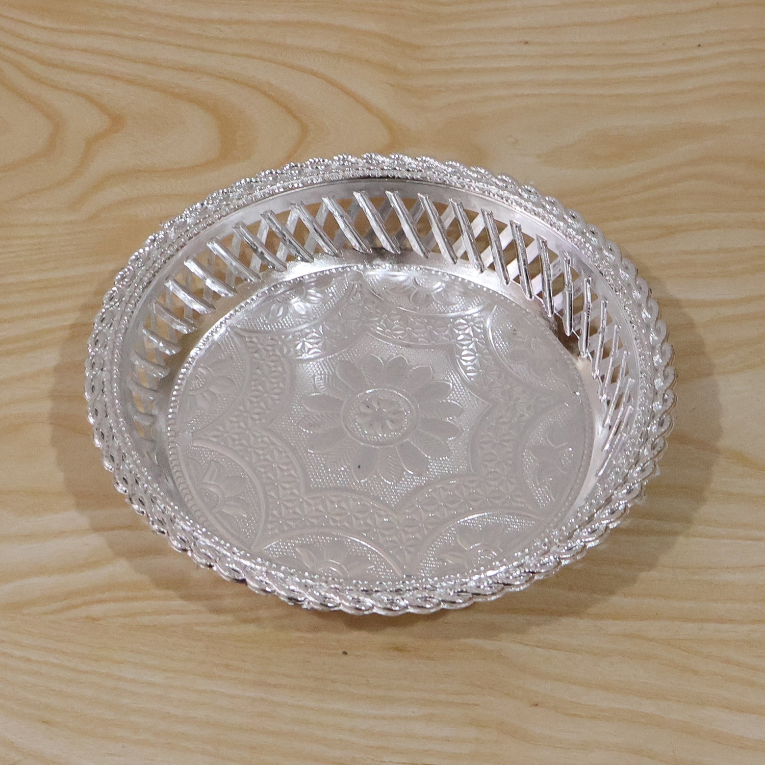 Decorative Silver Serving Tray  Elegant Round Floral Design
