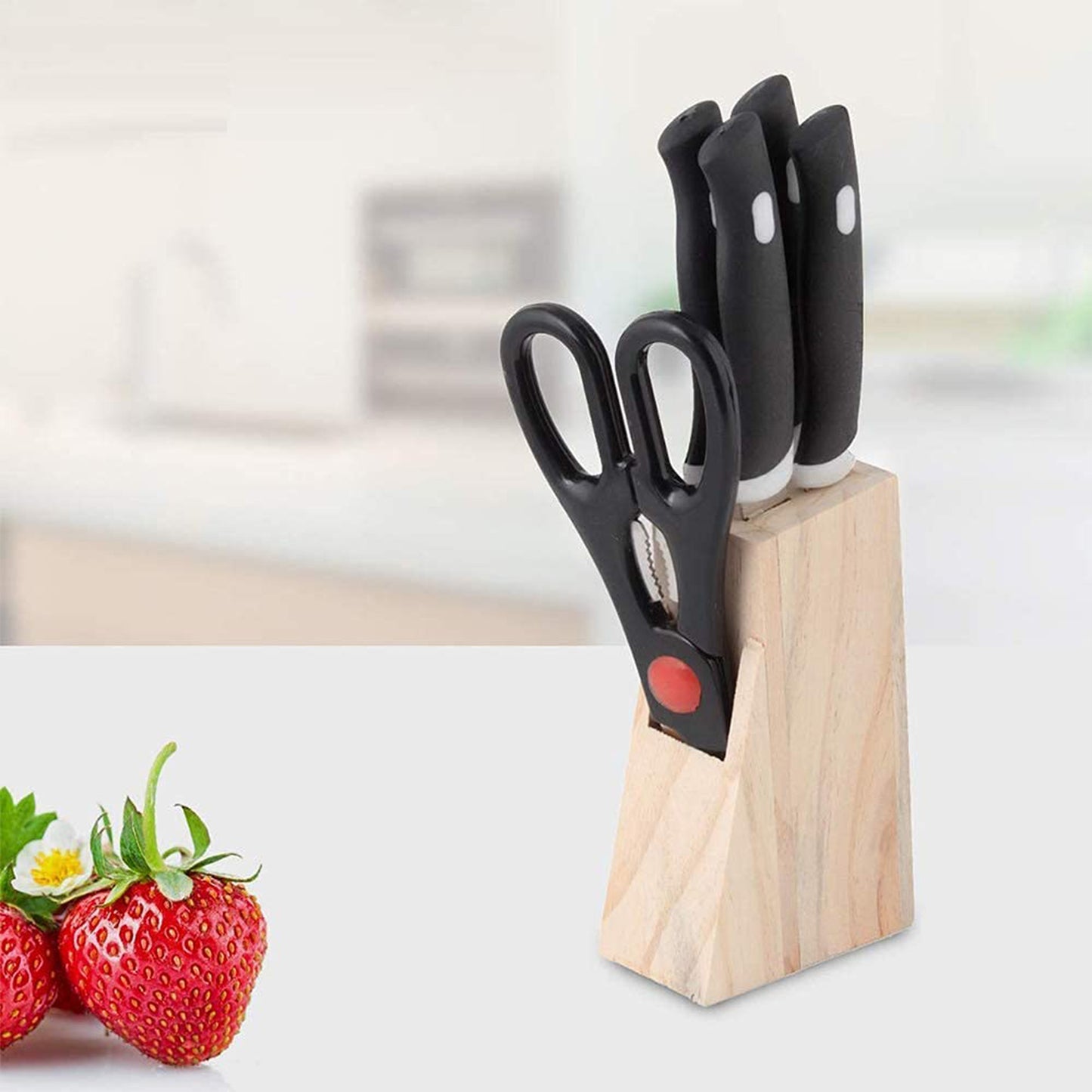 Kitchen Knife Set With Wooden Block And Scissors (5 Pcs Black)