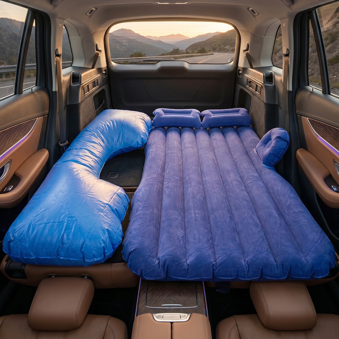 Portable Car Air Mattress Bed Set With Pump  Pillows Inflatable (Blue)