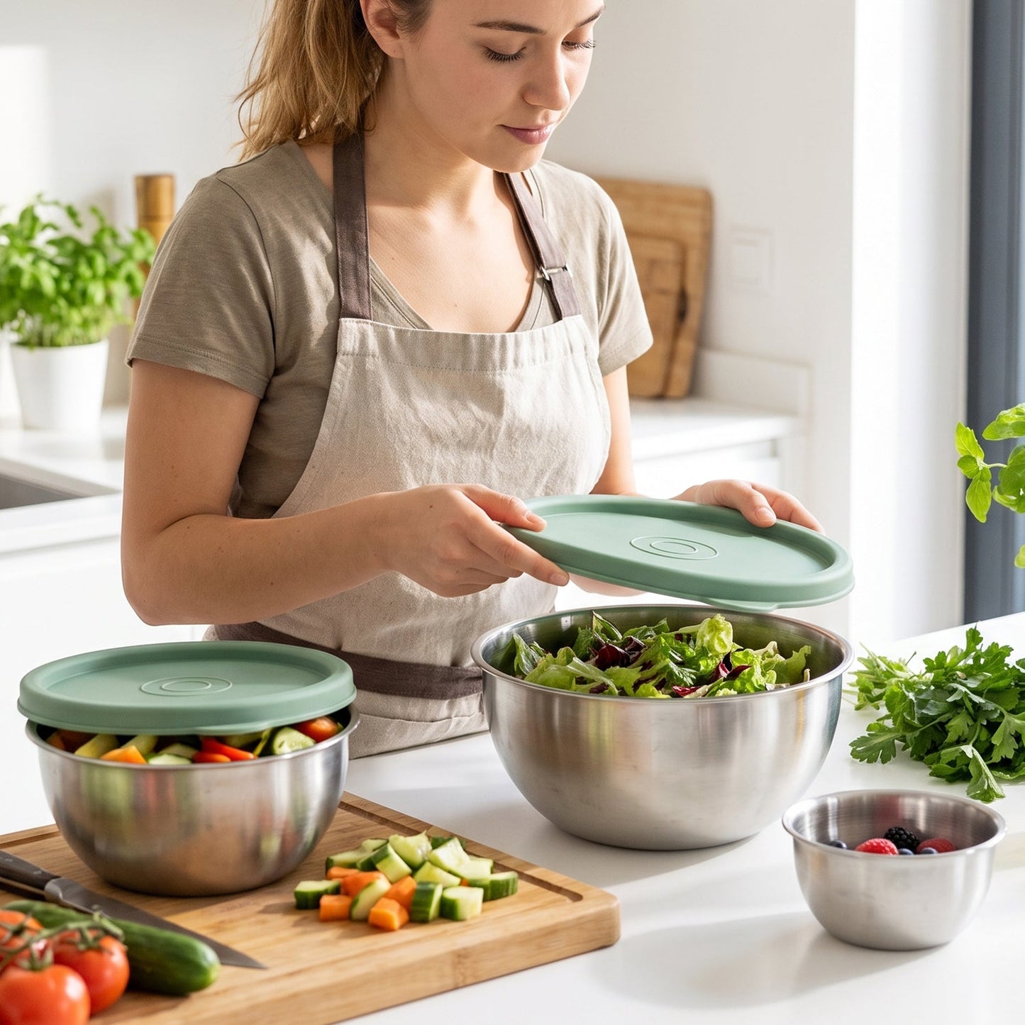Apex Miny Steel Container Set Mixing Bowls With Lids For Kitchen (3 Pc Set)