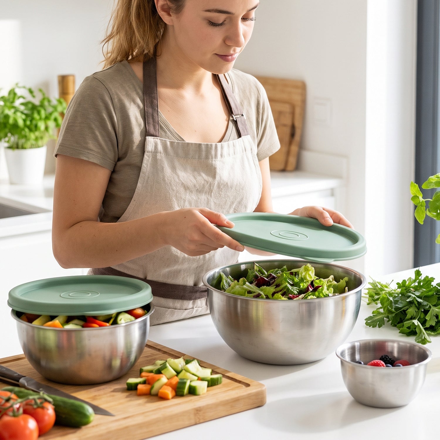 Apex Miny Steel Container Set Mixing Bowls With Lids For Kitchen (3 Pc Set)