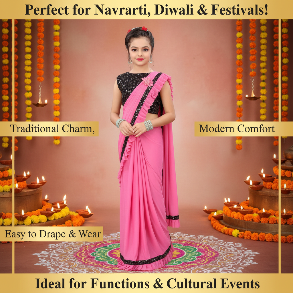 Lycra Solid Saree for Girls — Baby Pink Ethnic Wear for Kids (3-8 Years)