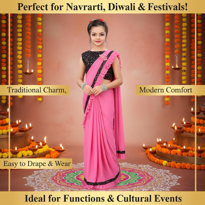 Lycra Solid Saree for Girls — Baby Pink Ethnic Wear for Kids (3-8 Years)