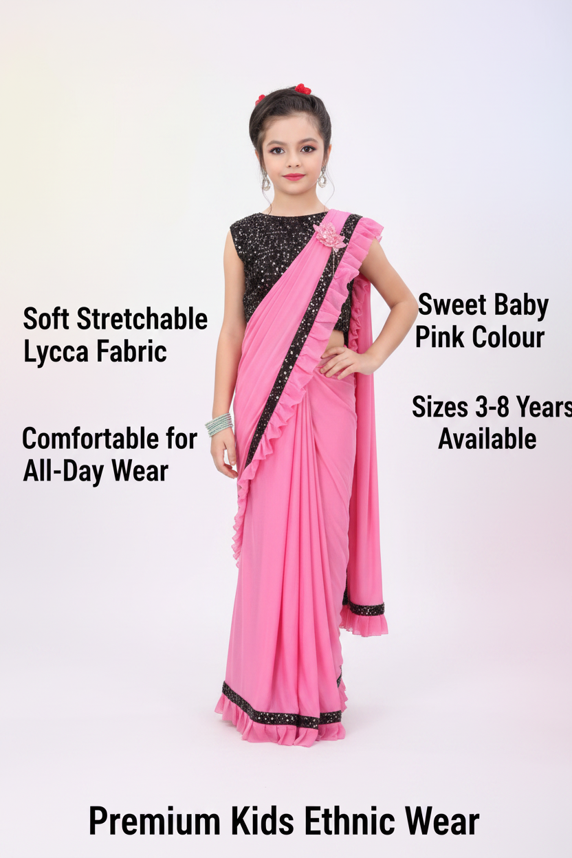 Lycra Solid Saree for Girls — Baby Pink Ethnic Wear for Kids (3-8 Years)
