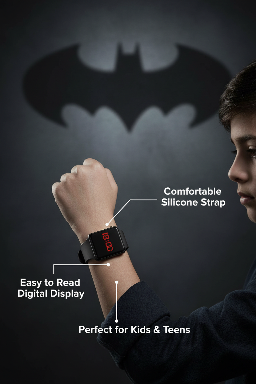 Batman Inspired Square LED Digital Watch — Bold Black Edition for Kids & Boys