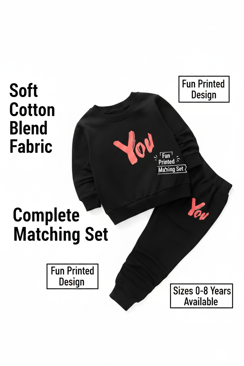 Cotton Blend Printed Clothing Set for Kids — Black Top & Bottom Set (0-8 Years)