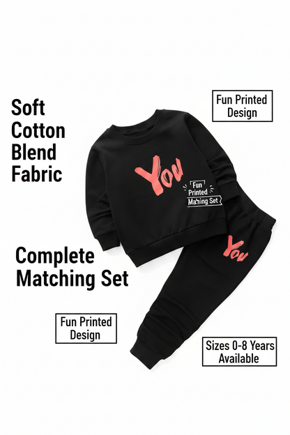 Cotton Blend Printed Clothing Set for Kids — Black Top & Bottom Set (0-8 Years)