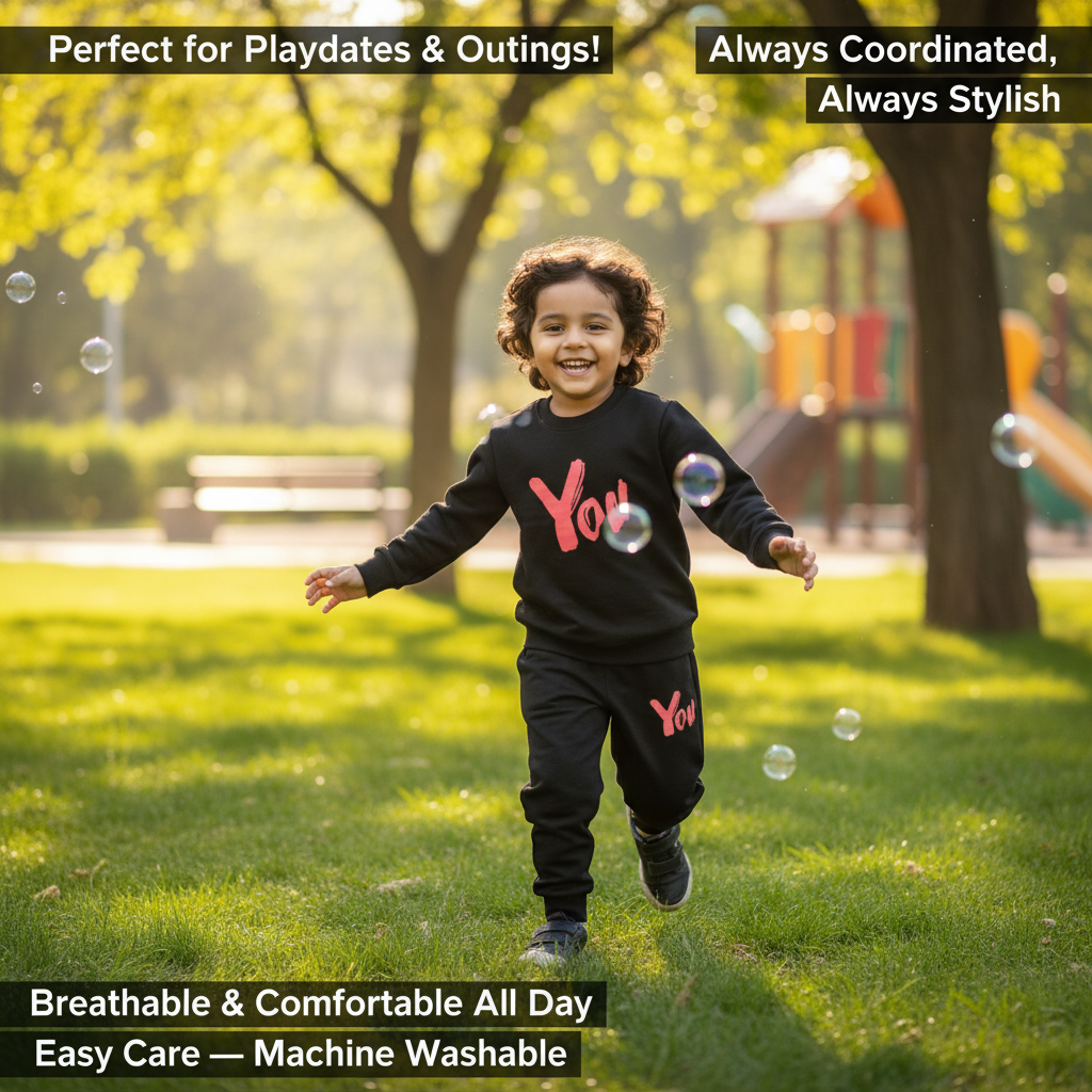 Cotton Blend Printed Clothing Set for Kids — Black Top & Bottom Set (0-8 Years)