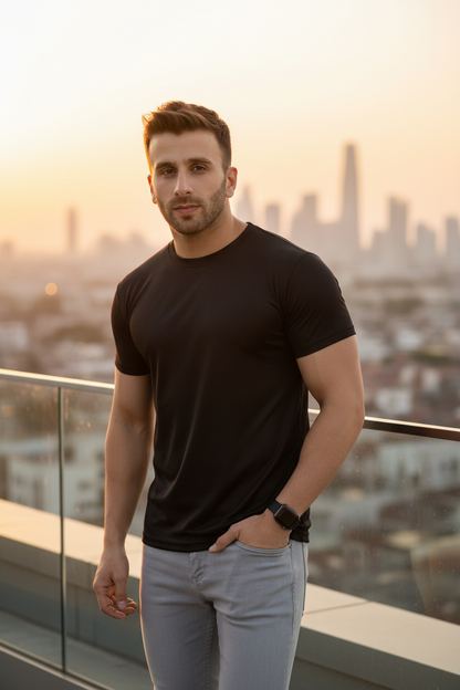 Men's Solid Round Neck Half Sleeve T-Shirt — Pack of 4 (Black, Navy, Steel Blue, Maroon)