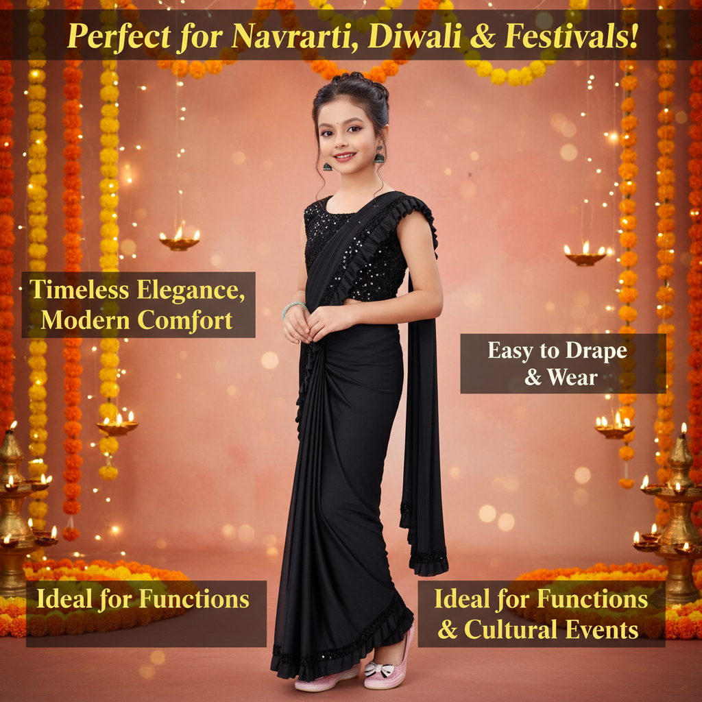 Lycra Solid Saree for Girls — Black Ethnic Wear for Kids (3-8 Years)