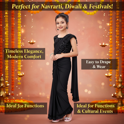 Lycra Solid Saree for Girls — Black Ethnic Wear for Kids (3-8 Years)