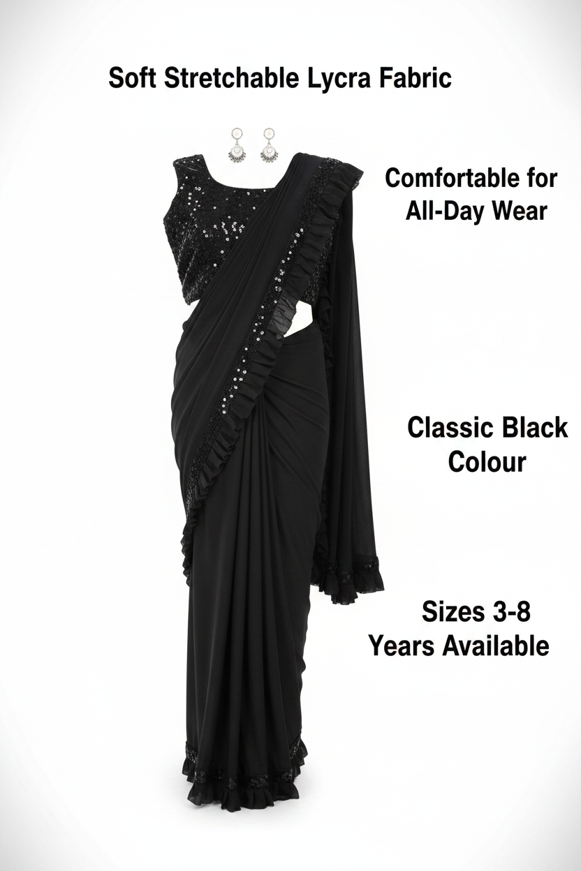 Lycra Solid Saree for Girls — Black Ethnic Wear for Kids (3-8 Years)