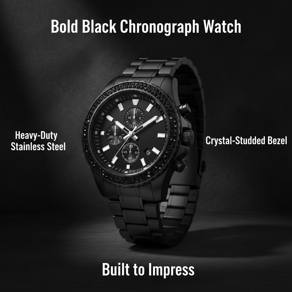 Bold Black Chronograph-Style Men's Analog Watch — Heavy-Duty Stainless Steel with Multi-Dial Design