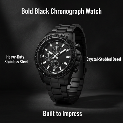 Bold Black Chronograph-Style Men's Analog Watch — Heavy-Duty Stainless Steel with Multi-Dial Design