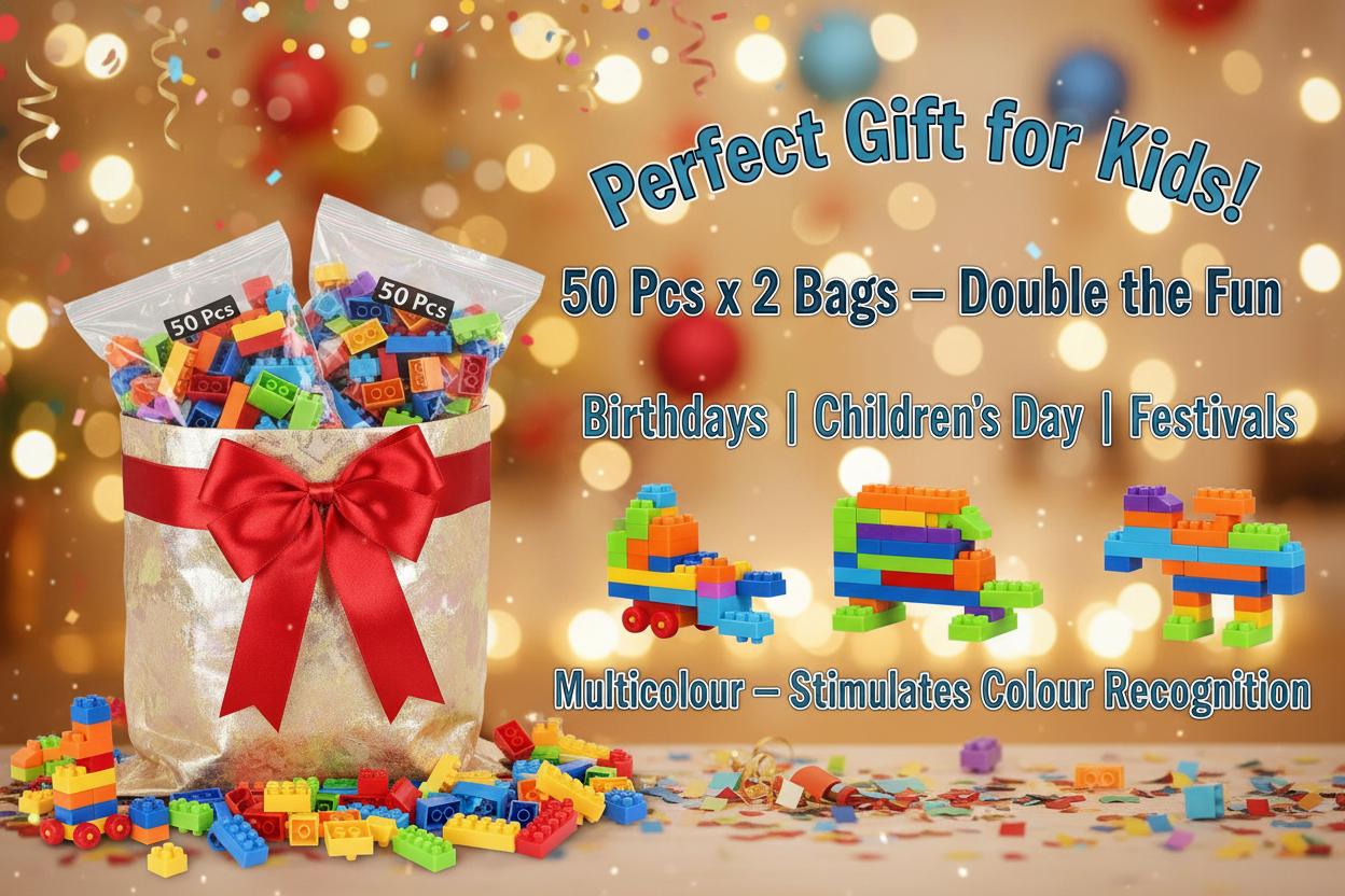 NTZ Building Blocks for Kids — 50 Pcs Multicolour Small Blocks Bag Pack (2 Pcs)