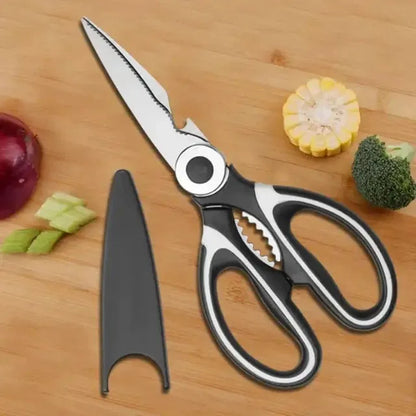 Heavy-Duty Kitchen Scissors with stainless steel blades and black handles, ideal for multi-purpose cooking and food