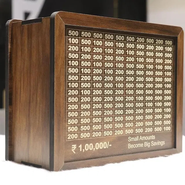 Savings Challenge Money Bank — Wooden Piggy Bank for Kids & Adults (Brown)