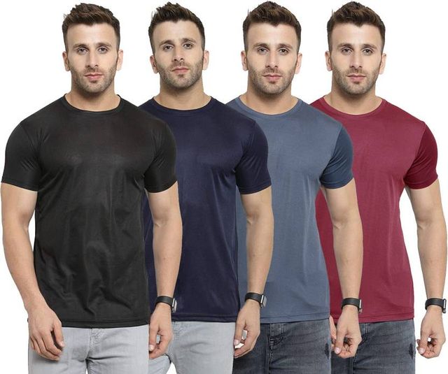 Men's Solid Round Neck Half Sleeve T-Shirt — Pack of 4 (Black, Navy, Steel Blue, Maroon)