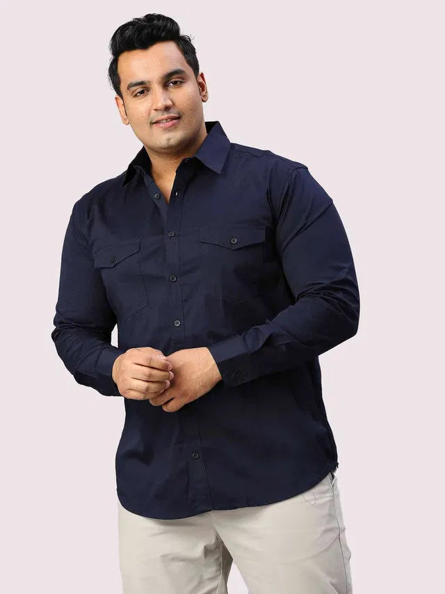 Men's Cotton Blend Full Sleeve Shirt with Double Pocket — Pack of 3 (Navy Blue)