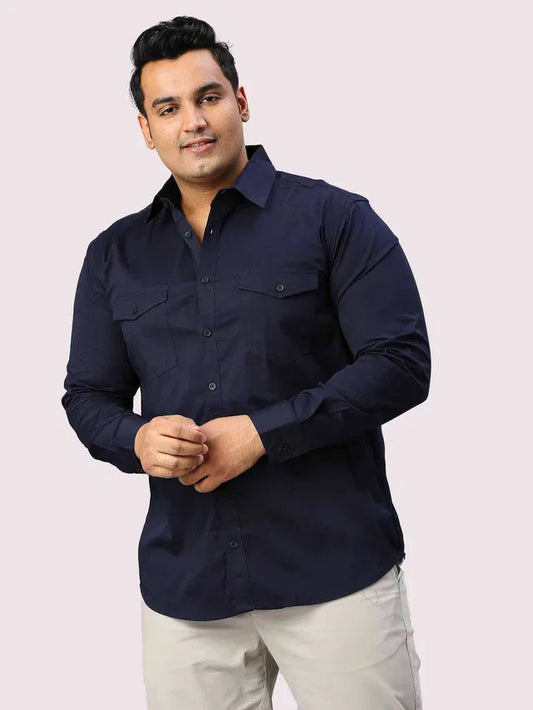Men's Cotton Blend Full Sleeve Shirt with Double Pocket — Pack of 3 (Navy Blue)