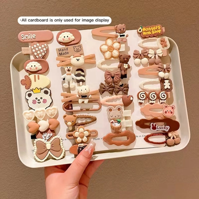 14 Pcs Cute Cartoon Hair Clips Set for Girls & Kids (Brown)