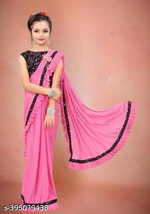 Lycra Solid Saree for Girls — Baby Pink Ethnic Wear for Kids (3-8 Years)