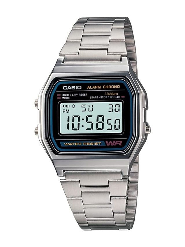 Casio A158W Classic Retro Digital Watch with silver stainless steel band and digital display, ideal for casual and vintage